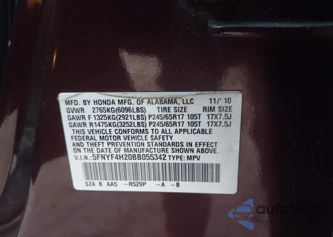 2011 Honda Pilot Lx из США, поврежденный, VIN 5FNYF4H20BB055342